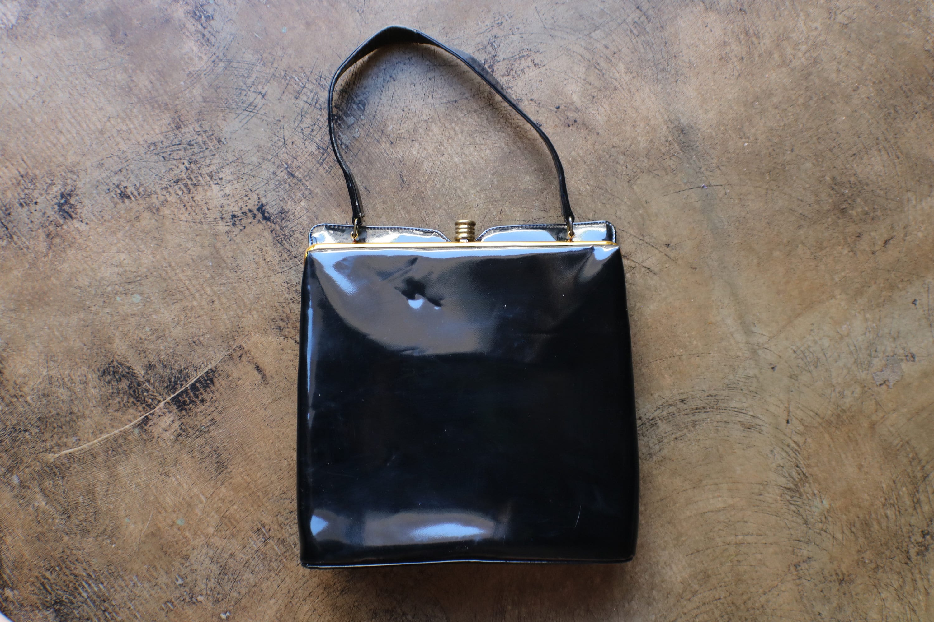 Black Soft Patent Leather Grosgrain Frame Large Doctor Bag