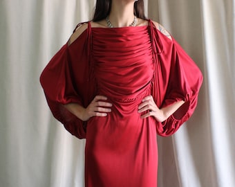1970's Maroon Dress, Vintage Wide Sleeve Gown -Women's Small to Medium Maxi