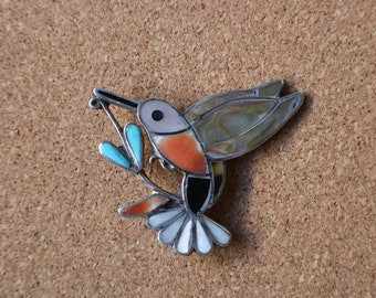 Hummingbird Brooch / Southwest Bird Pin / Large Vintage Stone Inlay Brooch / 1960's
