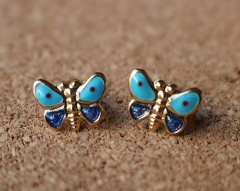 Gold Butterfly EARRINGS / 10KT Yellow Gold Enameled Post Earrings / Vintage Butterfly Jewelry