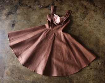 1950's Evening Dress / Vintage Brown and Pink Circle Skirt Dress / Women's Small