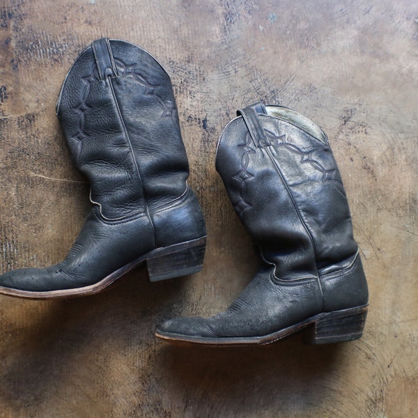 8 1/2 D Black Cowboy Boots / Vintage Leather Western Boots / Men's Simple Boots / Women's Size 10