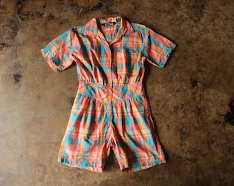 Tuta intera vintage color pastello, pagliaccetto estivo a quadri - Donna