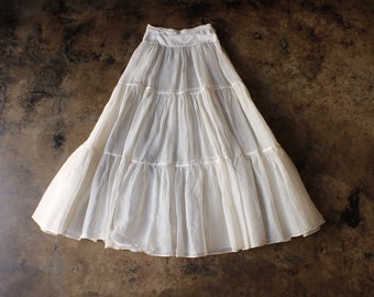 1950's Sheer Long Skirt / Vintage White Tiered Maxi Skirt / Women's Small