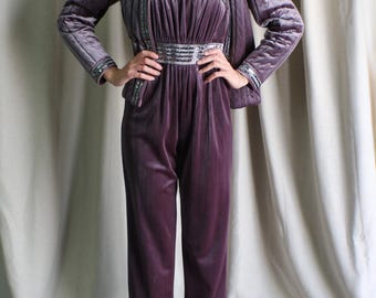 Mono y chaqueta de terciopelo, conjunto vintage de lentejuelas moradas, talla mediana para mujer