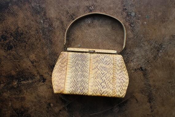 1950's Snakeskin Handbag, Structured Top Handle Pu