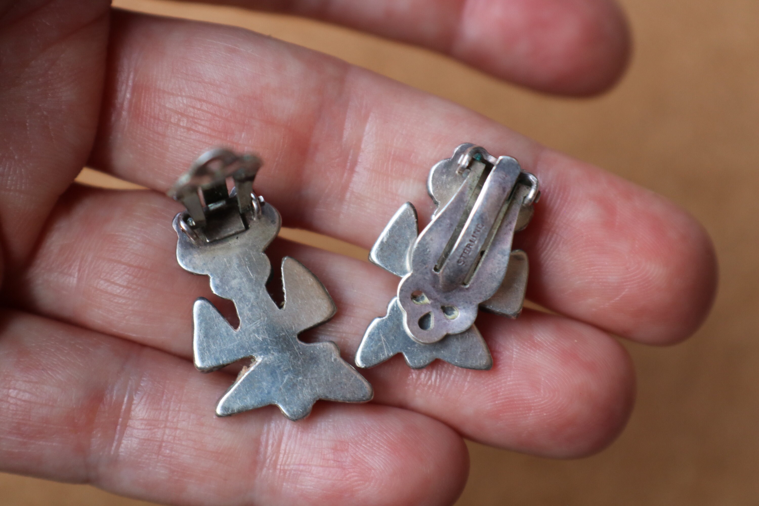 ホピ族の鳥のイヤリング、ヴィンテージスターリングシルバーの