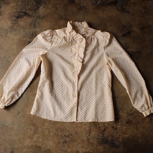 Camisa con volantes de los años 70, blusa estampada vintage, talla M de mujer