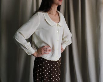 50's White Blouse,  Vintage Button Front Shirt - Women's Medium