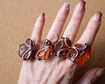 Sterling Amber RING / Large Sterling Ring / Big Stone Size 8