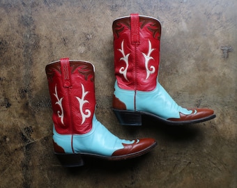 8 B Lucchese Cowboy BOOTS / Red and Turquoise Leather Boots / Women's Fancy Western Boots