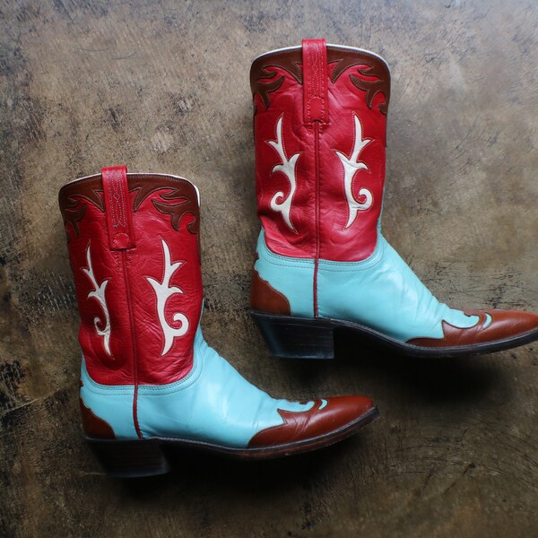 8 B Lucchese Cowboy BOOTS / Red and Turquoise Leather Boots / Women's Fancy Western Boots