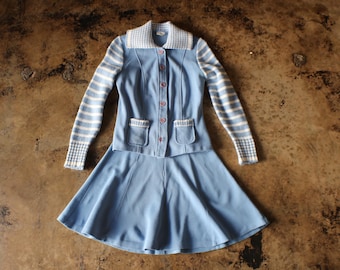 1970s Three Piece Matching Set, Knit Skirt, Pants and Sweater, Light Blue Size XS