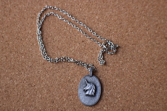 Unicorn Layering Necklace , 70's Pewter Unicorn N… - image 2