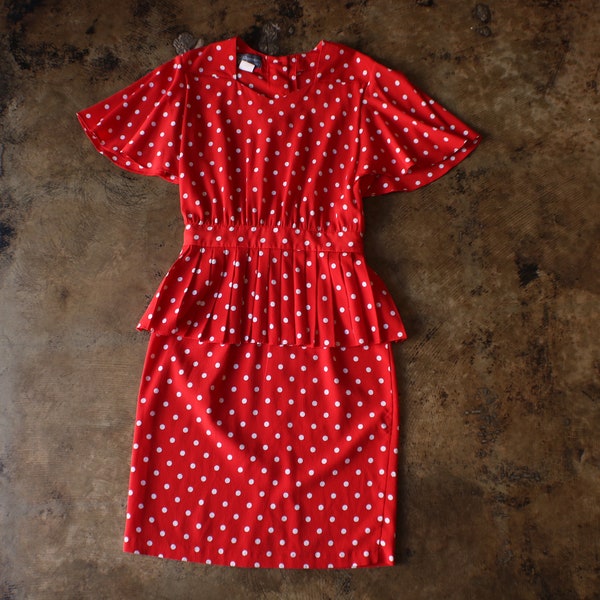 Vintage Polka Dot Dress / Vintage White and Red Dress / Women's Medium