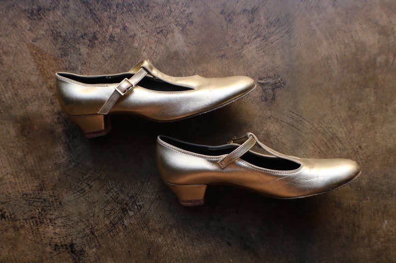 Pointure 8 1/2 / Talons en T dorés / Chaussures de danse métalliques vintage des années 80 image 7