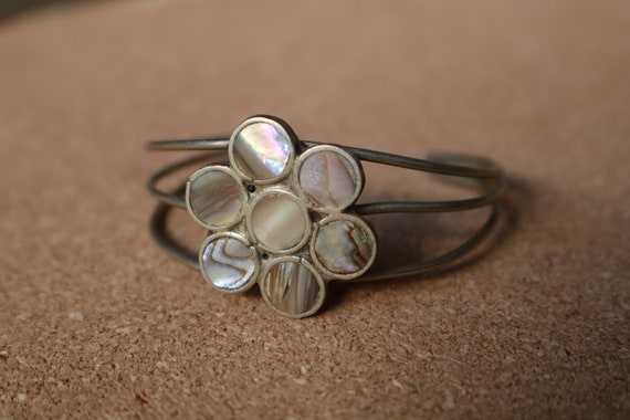 Vintage Flower Bracelet / Abalone Inlay Cuff / Bo… - image 2