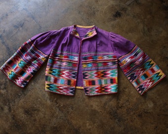 Embroidered Cotton Jacket / Huipil Style Cropped Jacket / Vintage Women's Bohemian Outerwear / Bell Sleeve Jacket