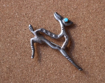 Fred Harvey Deer Brooch / Vintage Leaping Fawn Pin / Sterling and Turquoise Jewelry