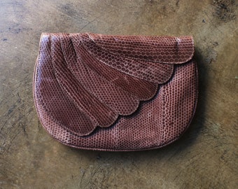 Vintage Clutch / Snake Skin Purse  / Chestnut Colored Leather Handbag