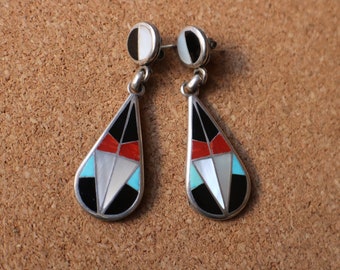 Vintage Inlay EARRINGS / Zuni Style Dangling Earrings / Southwest Sterling Jewelry