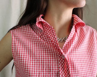 Vintage 1960s Gingham Sleeveless Blouse: Red & White Cotton Top
