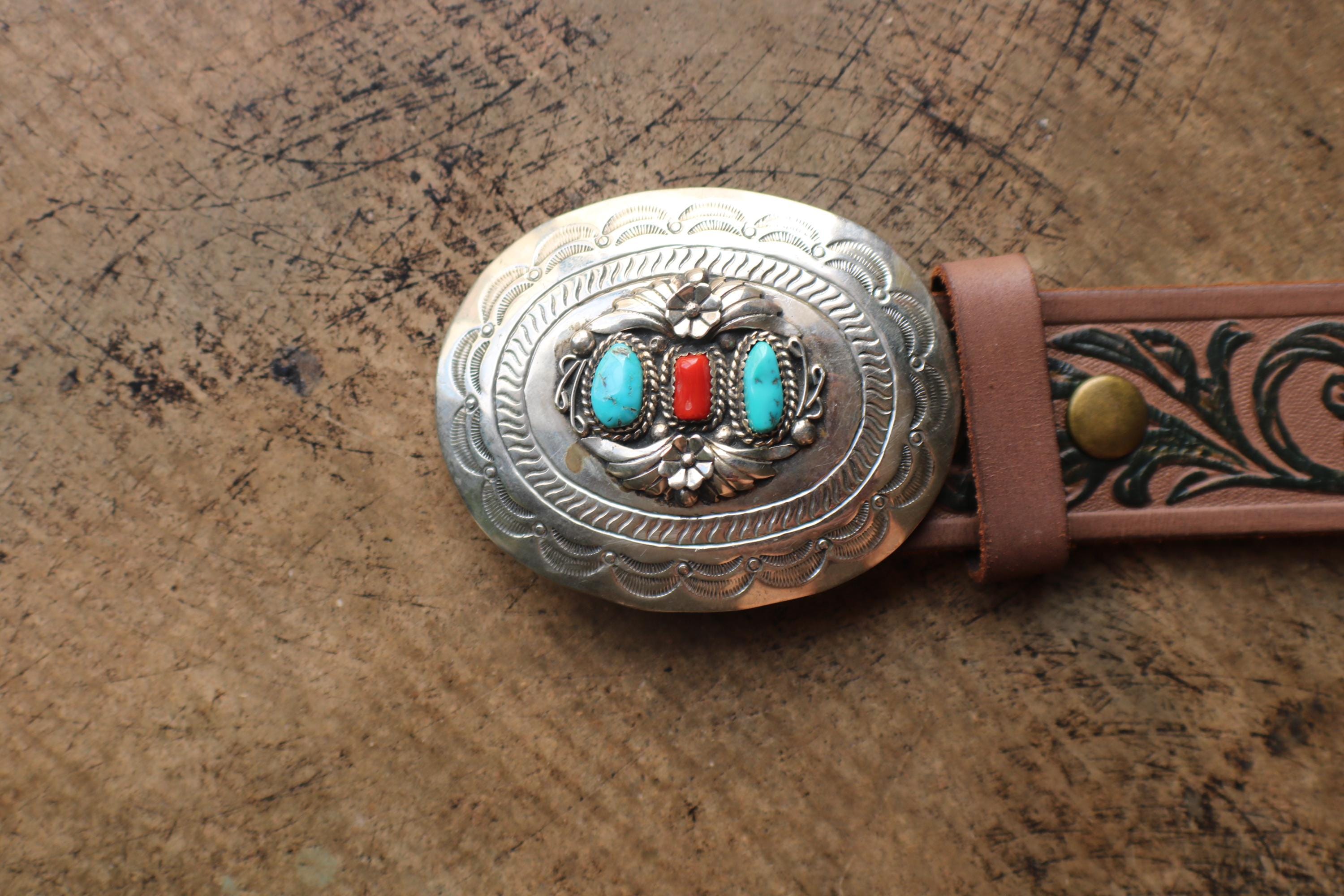 size Large vintage Leather Boho  Belt Ornate Coral Torquoise Buckle MADE IN USA Vintage 60 main image 3
