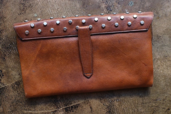 70's Leather Clutch / Bohemian Studded Purse / La… - image 4