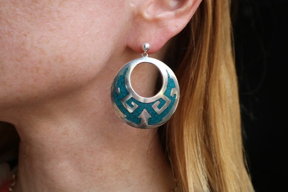 Large Round Sterling Earrings , Vintage Blue and … - image 1