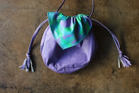 Purple Leather Purse / Vintage Draw String Purse … - image 1