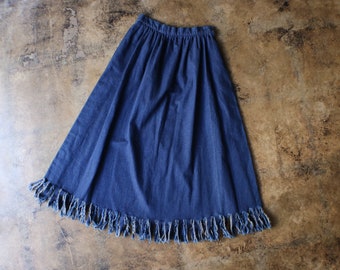 Dark Denim Skirt , Vintage Jean Fringed Midi , Women's Small to Medium