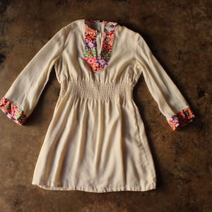 70&#39;s Bohemian Mini Dress / Gauzy Vintage Dress / Women&#39;s Medium