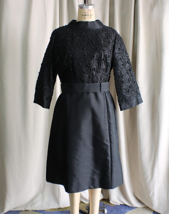 Vintage Black Silk Dress , Beaded Evening Dress ,… - image 2