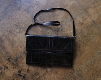 Schwarze Leder Clutch / Vintage 70's Eel Skin Handtasche
