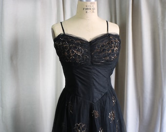 40's Evening Dress / Vintage Black Tulle Gold Sequin Dress / Extra Small Party Dress