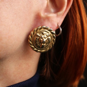 LIONS Head EARRINGs / Vintage Faux Gold Costume Jewelry / Loin Earrings