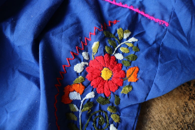 Vintage Embroidered DRESS Bright Blue Shift Dress Floral Embroidered Dress Long Summer Dress Large to Extra Large