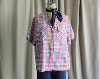 80's Plaid Shirt , Vintage Pastel Button Front Top , Women's Large