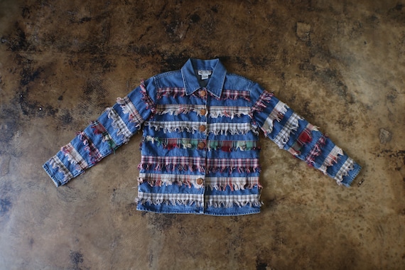 90's Fringed Fabric Denim Jacket / Plaid Denim Ja… - image 1