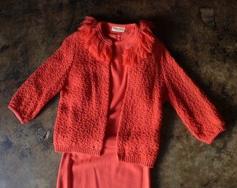 1960's Matching Set , Bright Orange Cardigan Top and Pencil Skirt - Vintage Women's Small