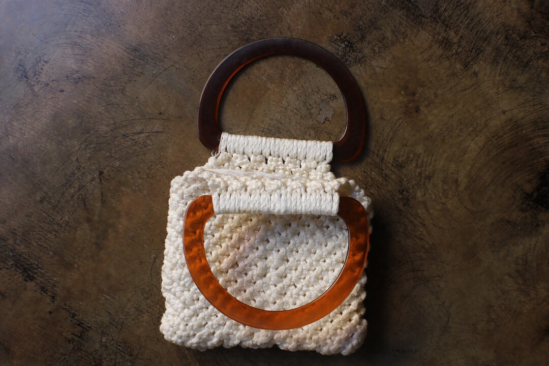 Vintage Bohemian Purse , Acrylic Handle Crochet Handbag, White and ...
