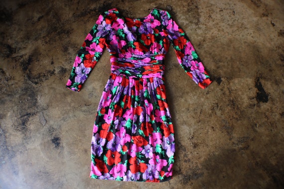 Colorful Silk Dress / Vintage Floral Long Sleeve … - image 1