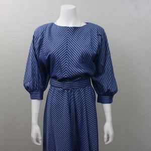 Full Sleeve Dress / Vintage Striped Dress / A line Wide Sleeve Belted Blue Dress