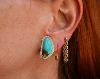 Turquoise EARRINGS / Vintage Modernist Southwest Jewelry / Clip On Sterling Earrings