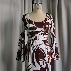 1960&#39;s Bell Sleeve Dress / Vintage Cocktail Maxi Dress / Brown and White Women&#39;s Small