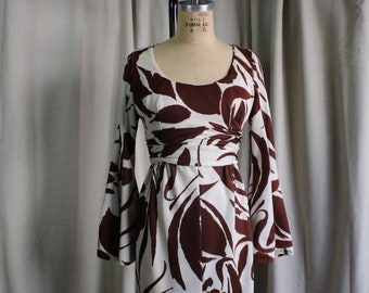 1960's Bell Sleeve Dress / Vintage Cocktail Maxi Dress / Brown and White Women's Small