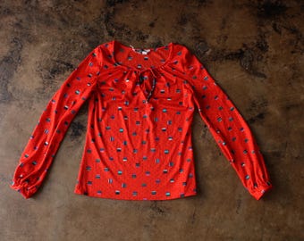 Vintage 70's Red Blouse , Long Sleeve Red Shirt -Women's Medium