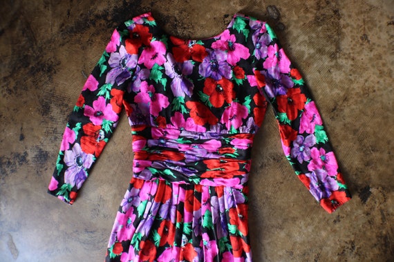 Colorful Silk Dress / Vintage Floral Long Sleeve … - image 2