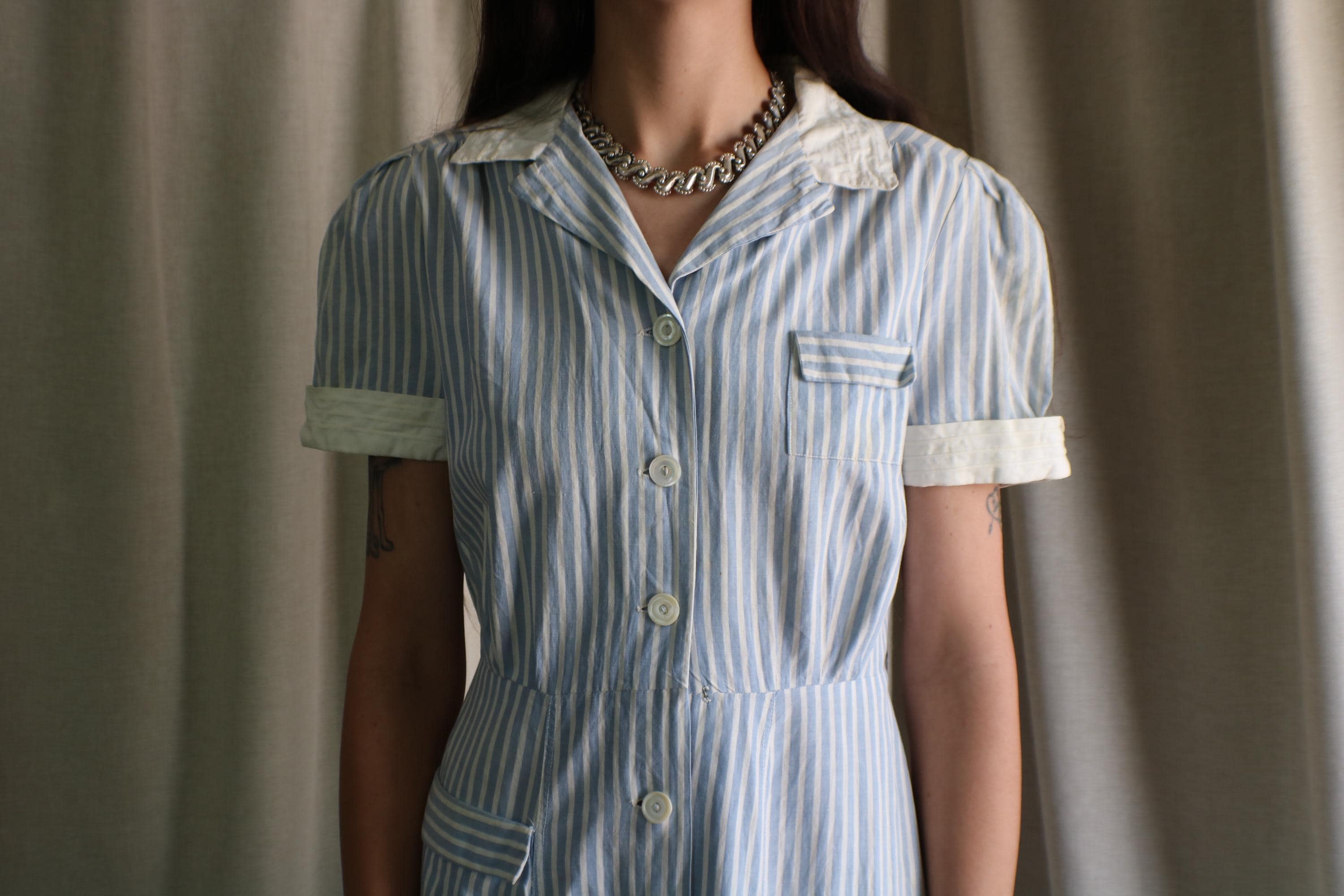Vintage 40's Nurses Uniform , Blue and White Striped Cotton Dress