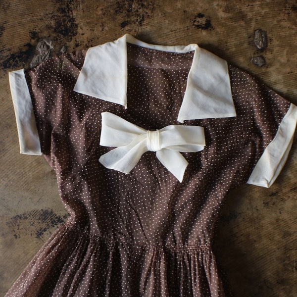 1940's Swiss Dot Dress / Vintage Women's Small Dress / Sheer Brown and Cream Dress